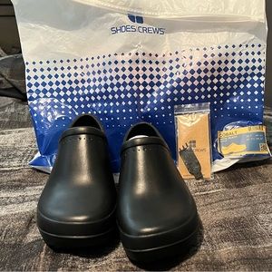 Brand new, non slip, Shoes For Crews. Cobalt/black. Size 7W.